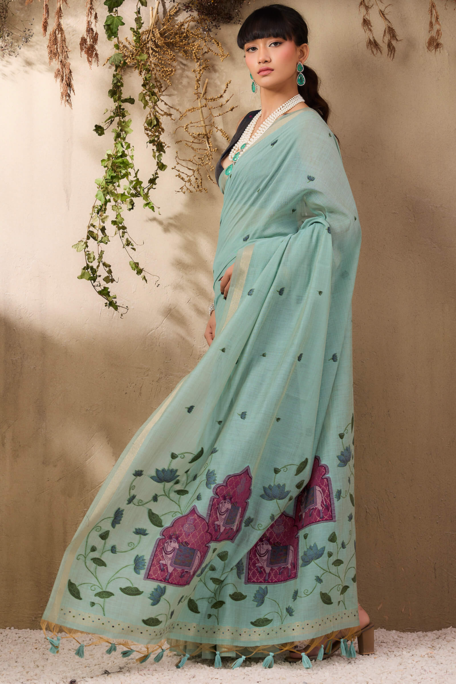 Stunner Sea Green Cotton Silk Saree With Designer Blouse Piece - Image 6
