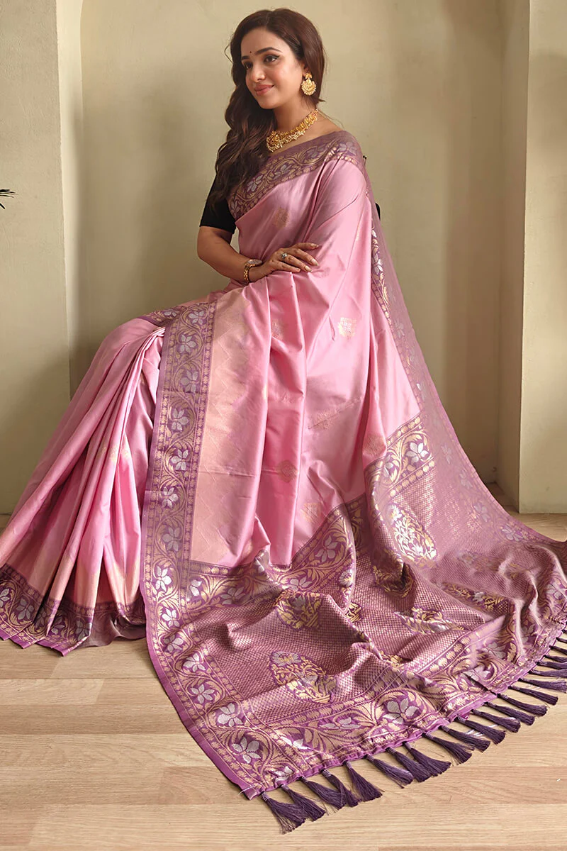 Stunning Baby Pink Soft Banarasi Silk Saree With Precious Blouse Piece - Image 4