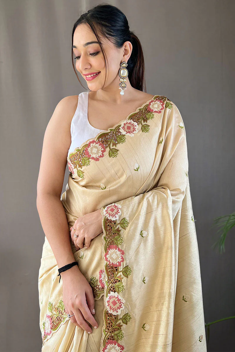 Stunning Beige Embroidery Work Tussar Silk Saree With Dazzling Blouse Piece - Image 2