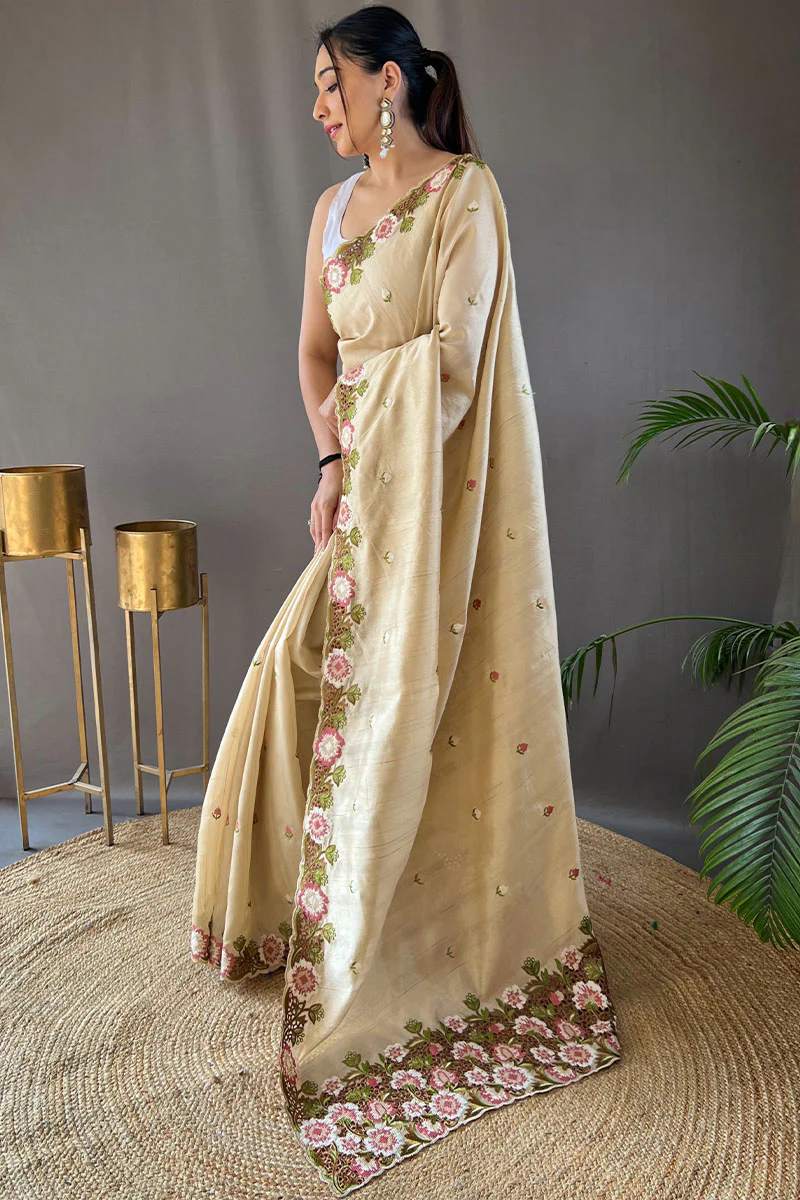 Stunning Beige Embroidery Work Tussar Silk Saree With Dazzling Blouse Piece - Image 3