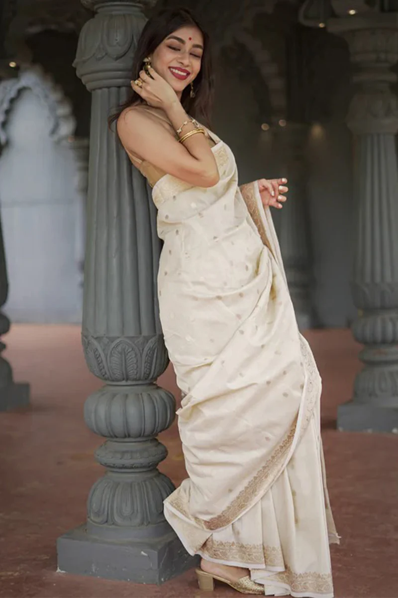 Stunning Beige Linen Silk Saree With Lovely Blouse Piece - Image 7