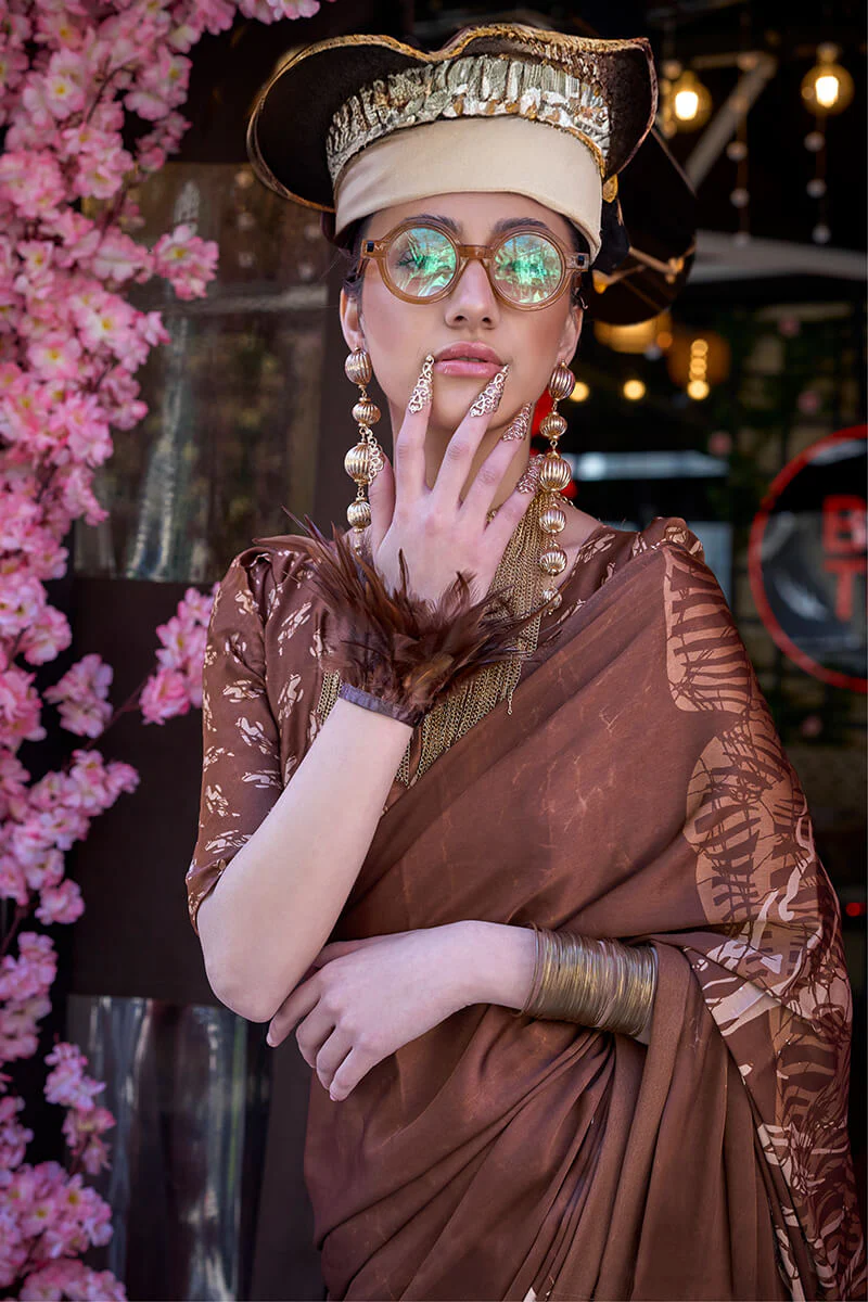 Stunning Brown Digital Printed Satin Silk Saree With Extraordinary Blouse Piece - Image 2
