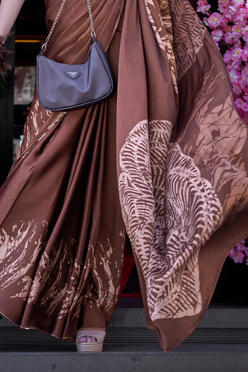 Stunning Brown Digital Printed Satin Silk Saree With Extraordinary Blouse Piece - Image 3