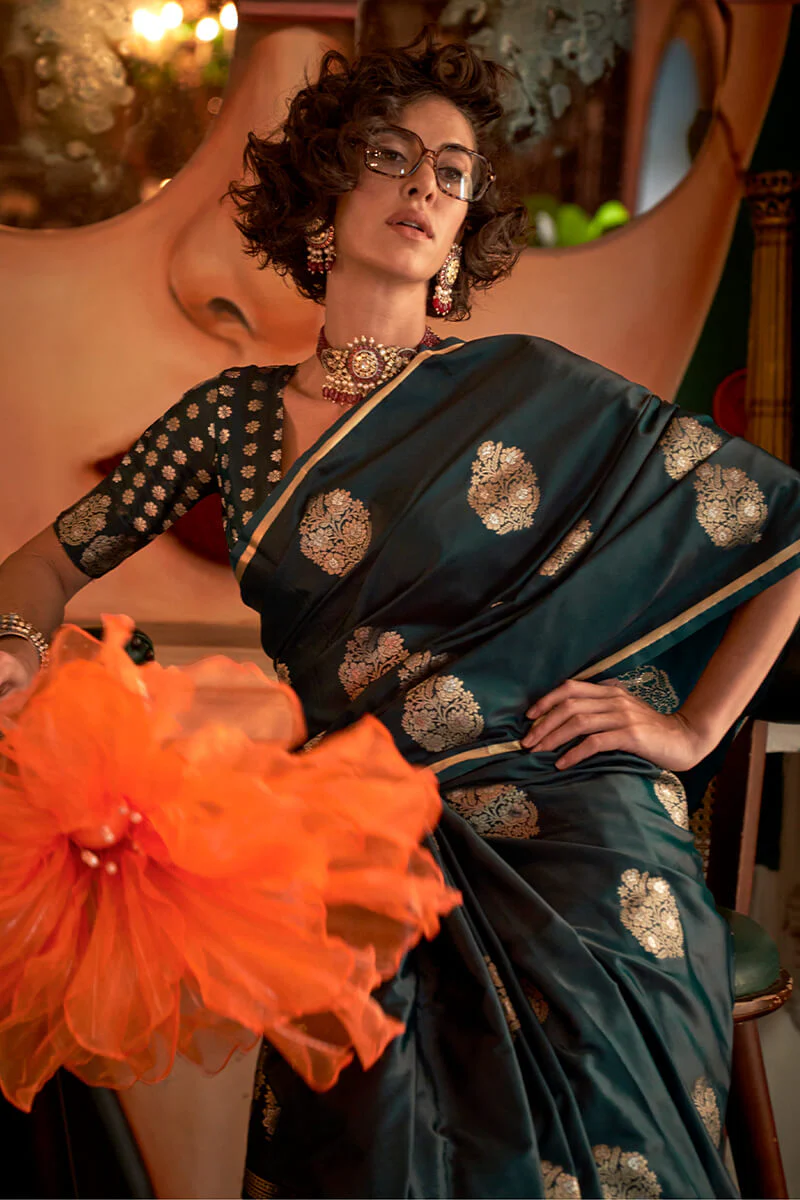 Stunning Dark Green Banarasi Satin Silk Saree With Precious Blouse - Image 2