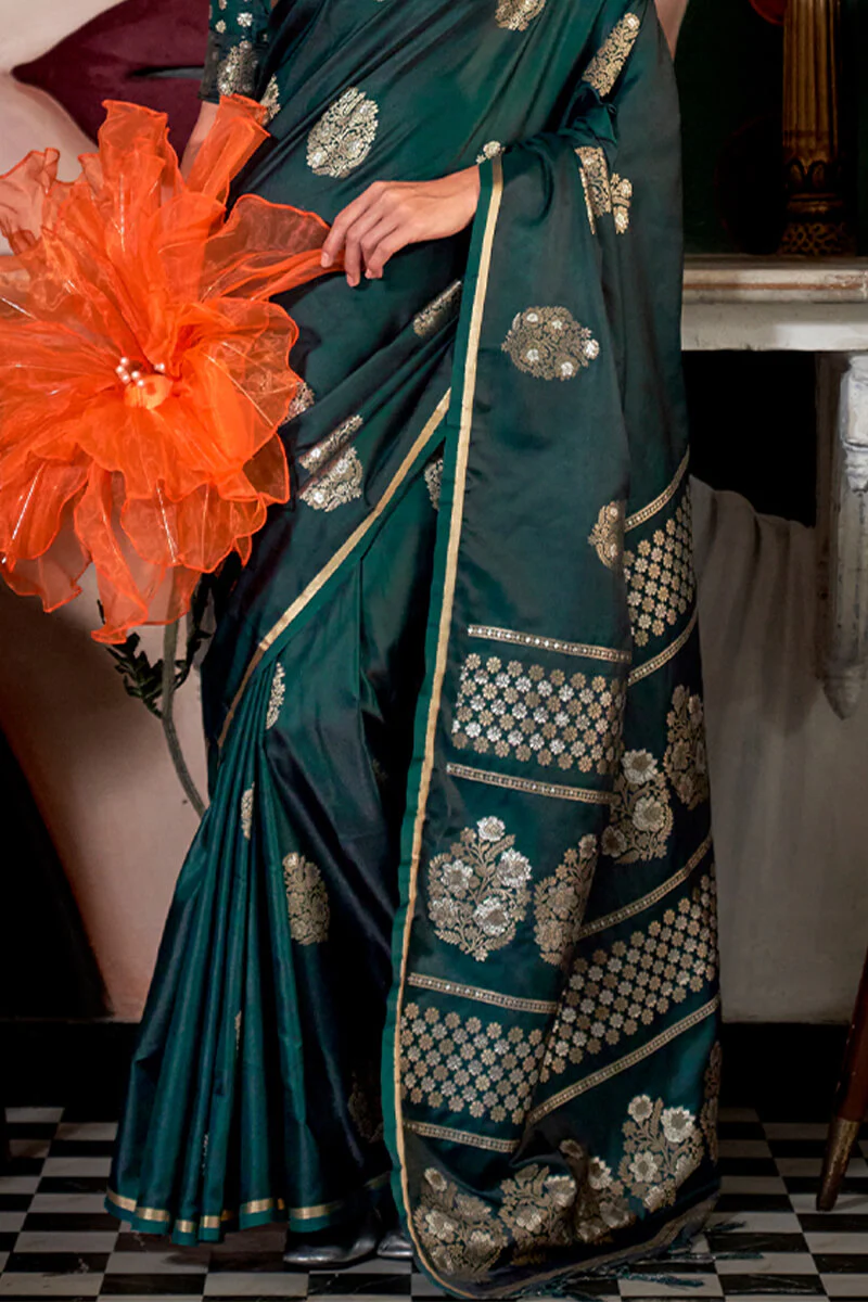 Stunning Dark Green Banarasi Satin Silk Saree With Precious Blouse - Image 4