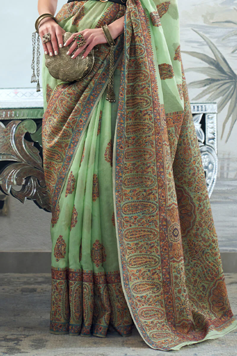 Stunning Green Pashmina saree With Classy Blouse Piece - Image 3