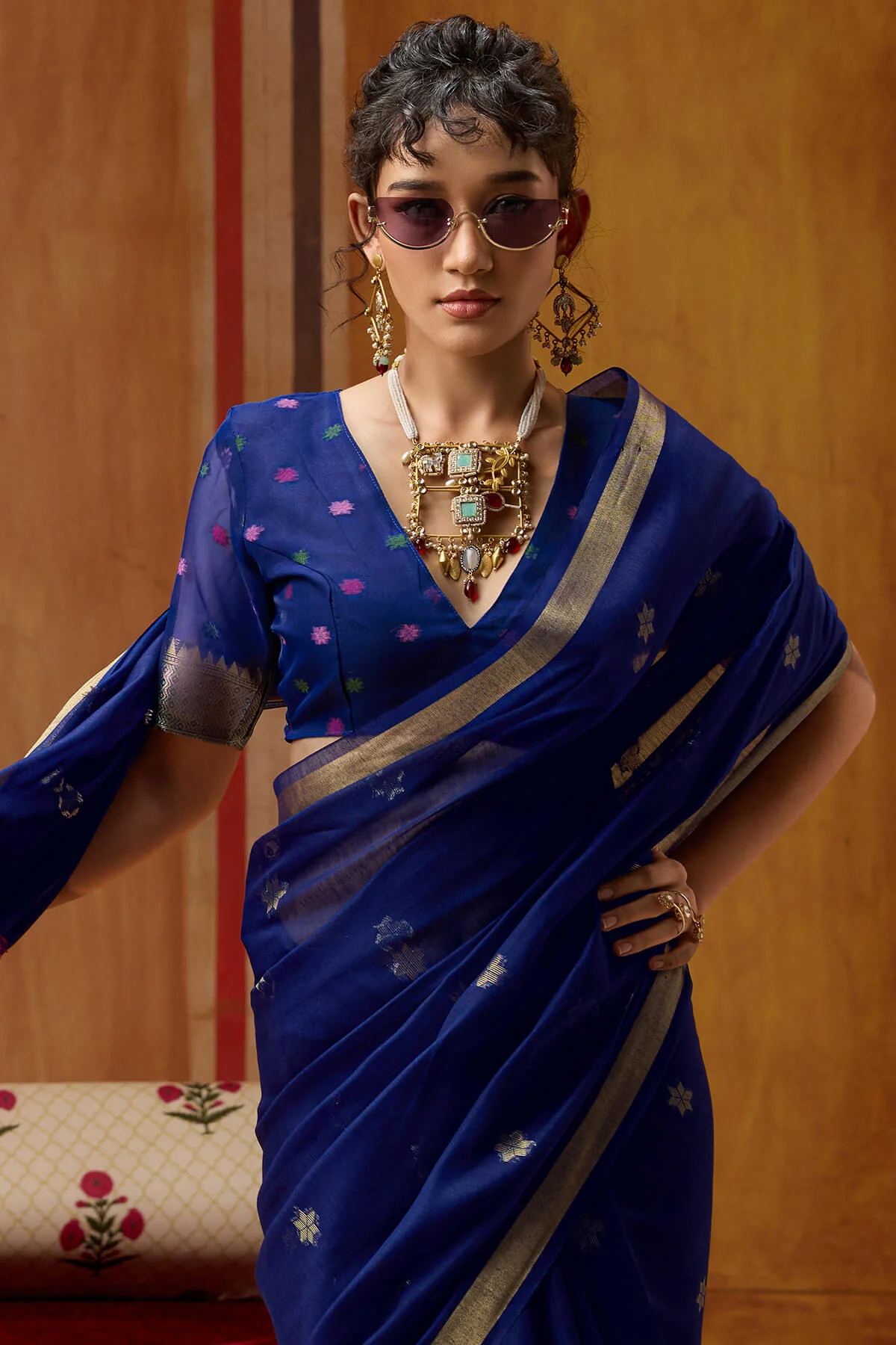 Stunning Navy Blue Pure Munga Cotton Saree With Super extravagant Blouse Piece - Image 6