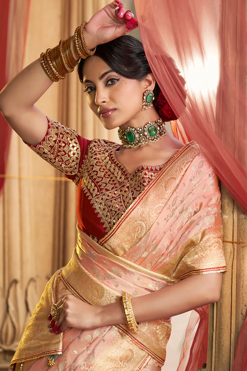 Stunning Peach Banarasi Satin Silk Saree With Energetic Blouse - Image 2