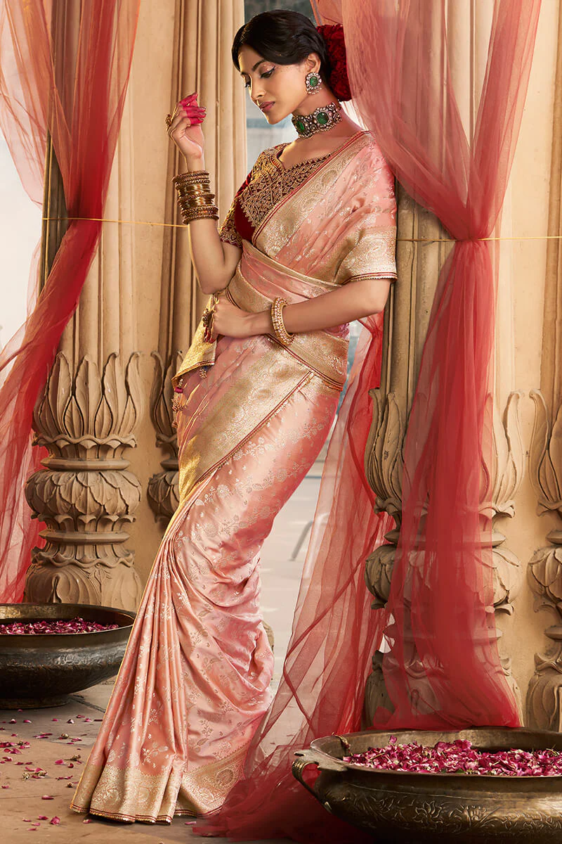 Stunning Peach Banarasi Satin Silk Saree With Energetic Blouse - Image 3