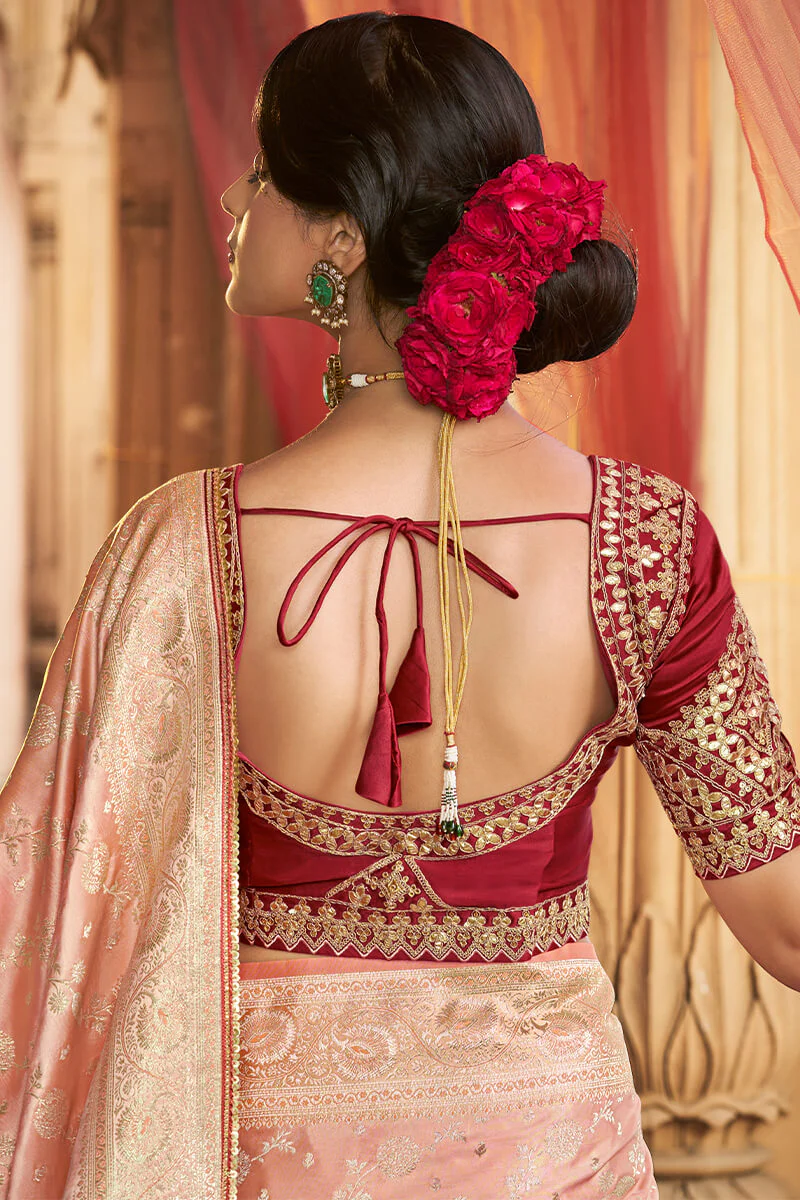 Stunning Peach Banarasi Satin Silk Saree With Energetic Blouse - Image 4