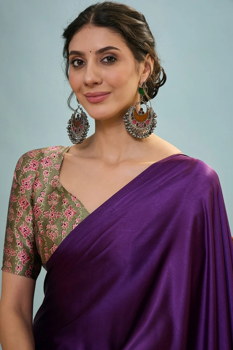 Stunning Purple Ajrakh Printed Semi Modal Silk Saree With Aplomb Blouse Piece - Image 2