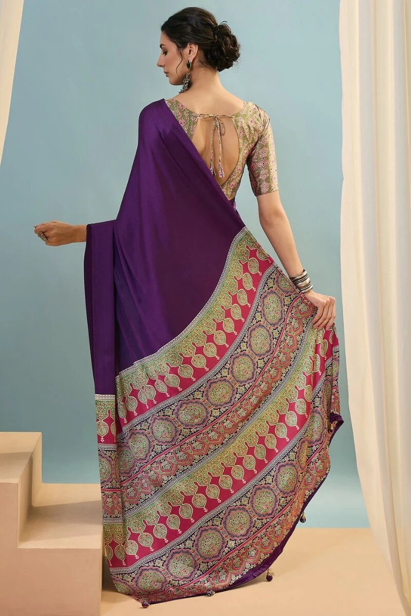 Stunning Purple Ajrakh Printed Semi Modal Silk Saree With Aplomb Blouse Piece - Image 7