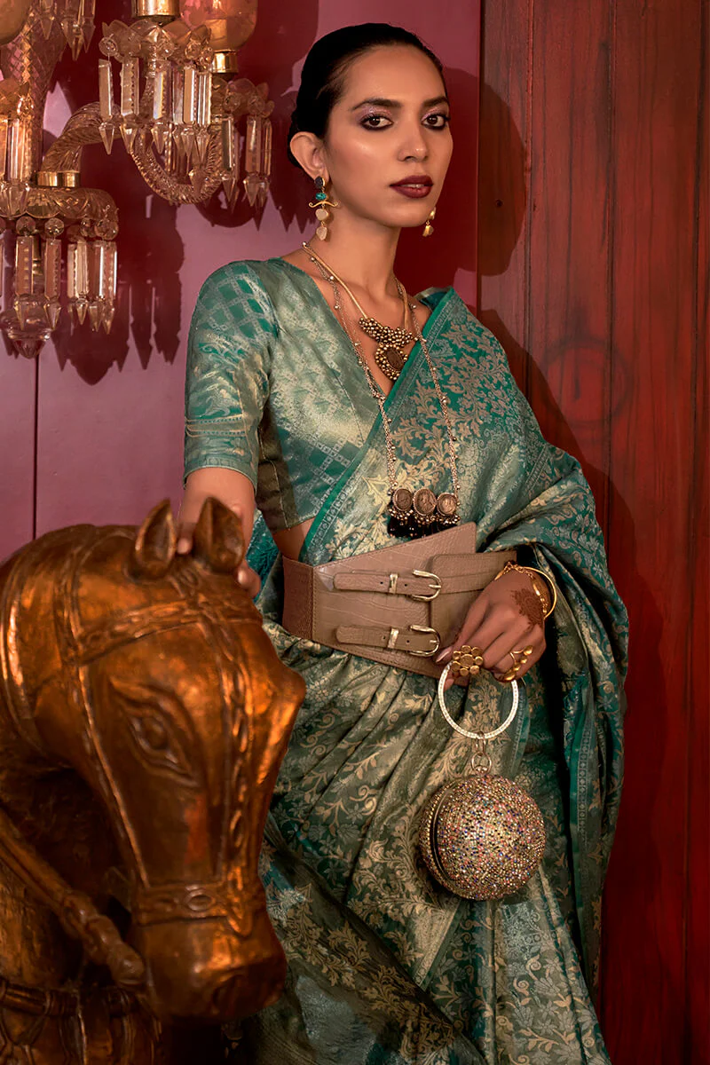 Stunning Rama Soft Banarasi Silk Saree With Energetic Blouse Piece - Image 2