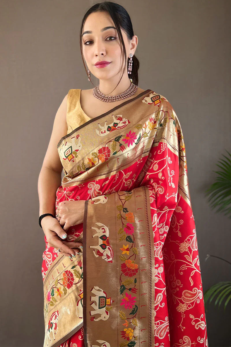 Stunning Red Paithani Silk Saree With Deserving Blouse Piece - Image 2