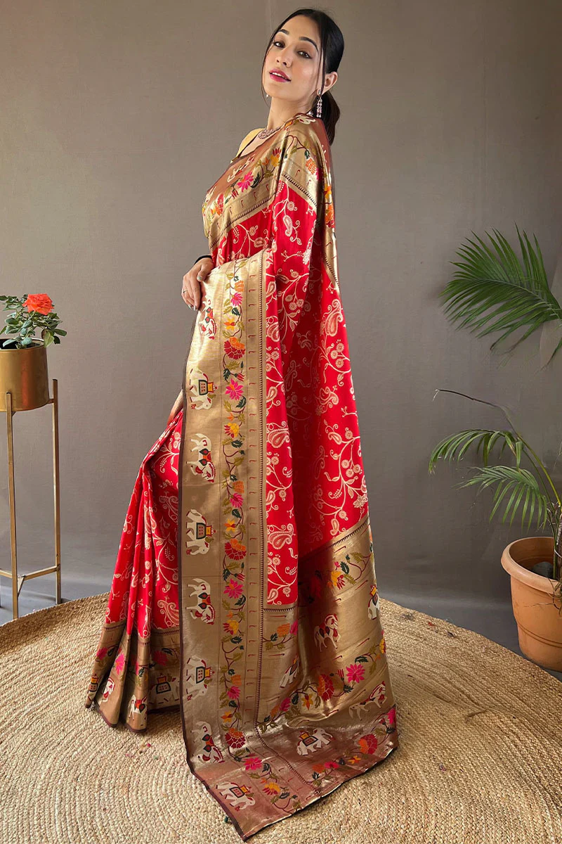 Stunning Red Paithani Silk Saree With Deserving Blouse Piece - Image 3