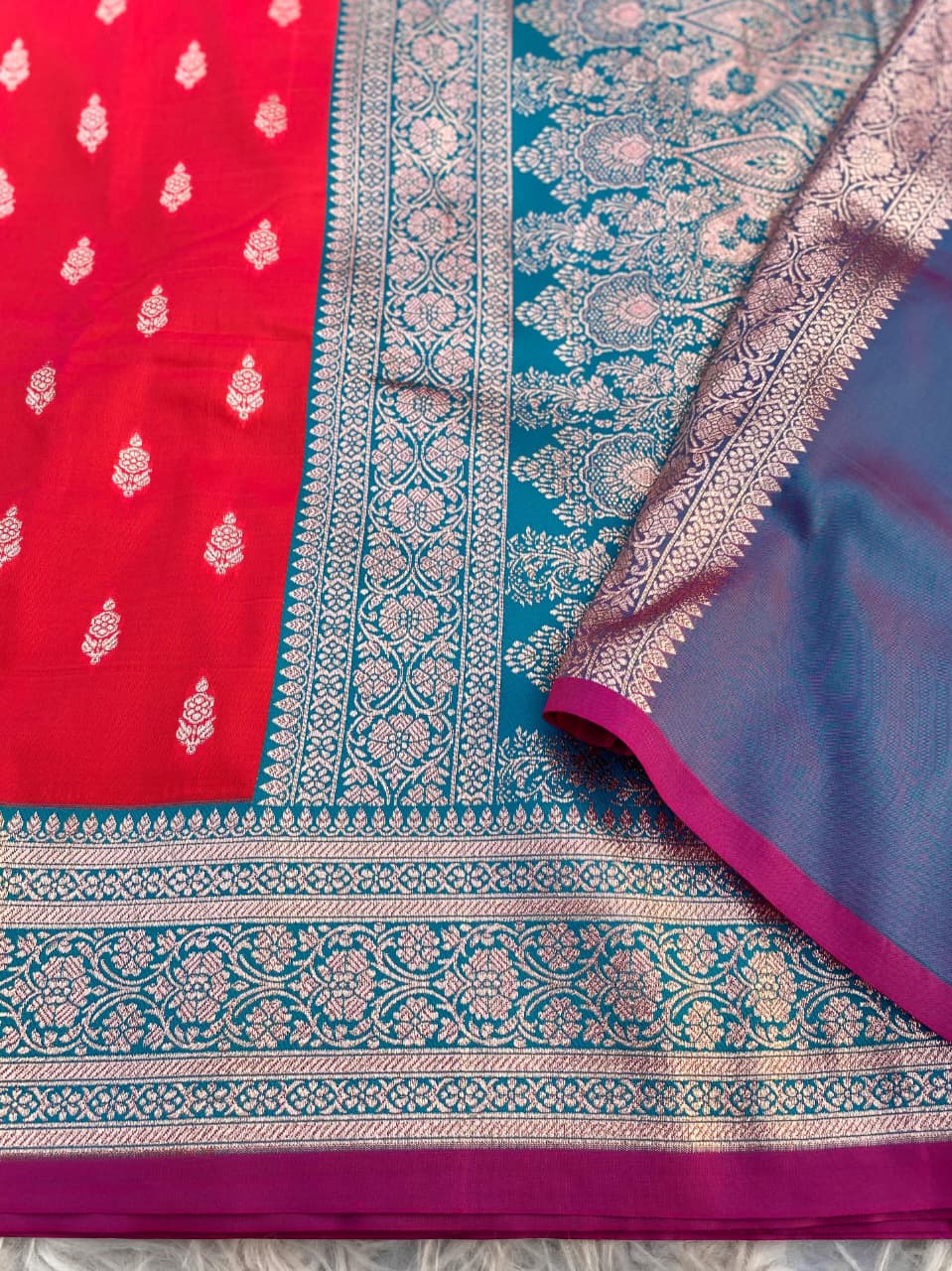 Stunning Red Soft Banarasi Satin Silk Saree With Majestic Blouse - Image 2