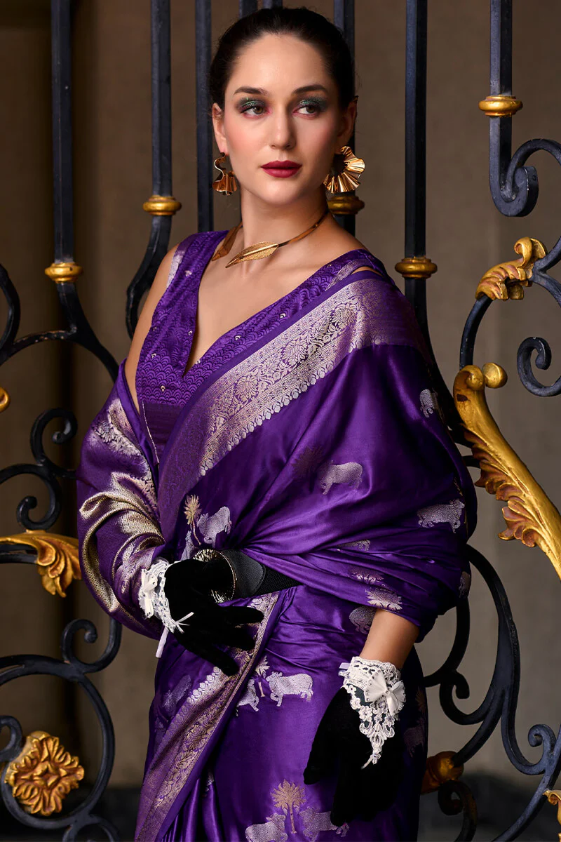 Stunning Royal Purple Banarasi Satin Silk Saree With Energetic Blouse - Image 2