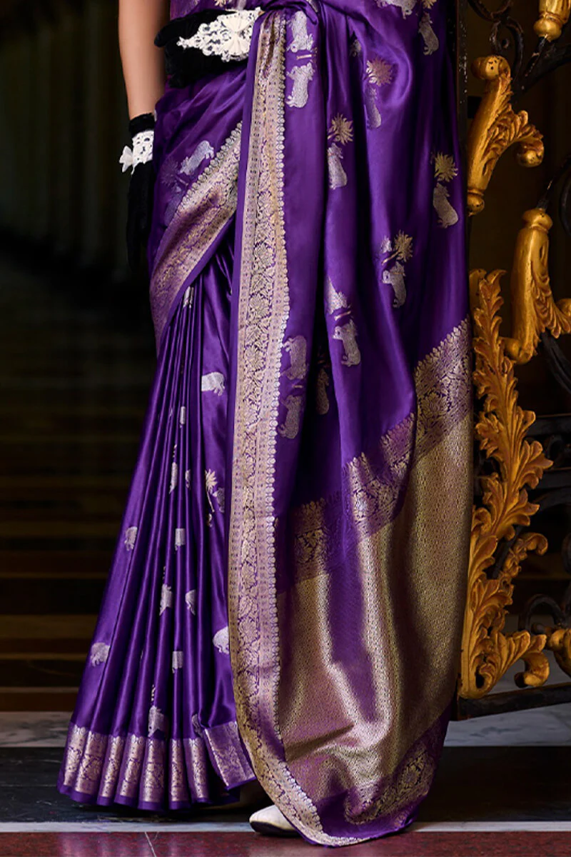 Stunning Royal Purple Banarasi Satin Silk Saree With Energetic Blouse - Image 4