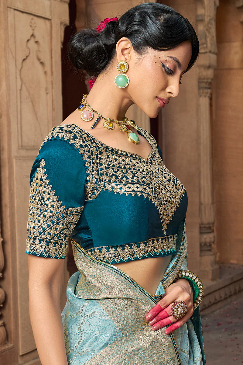 Stunning Sky Banarasi Satin Silk Saree With Energetic Blouse - Image 2