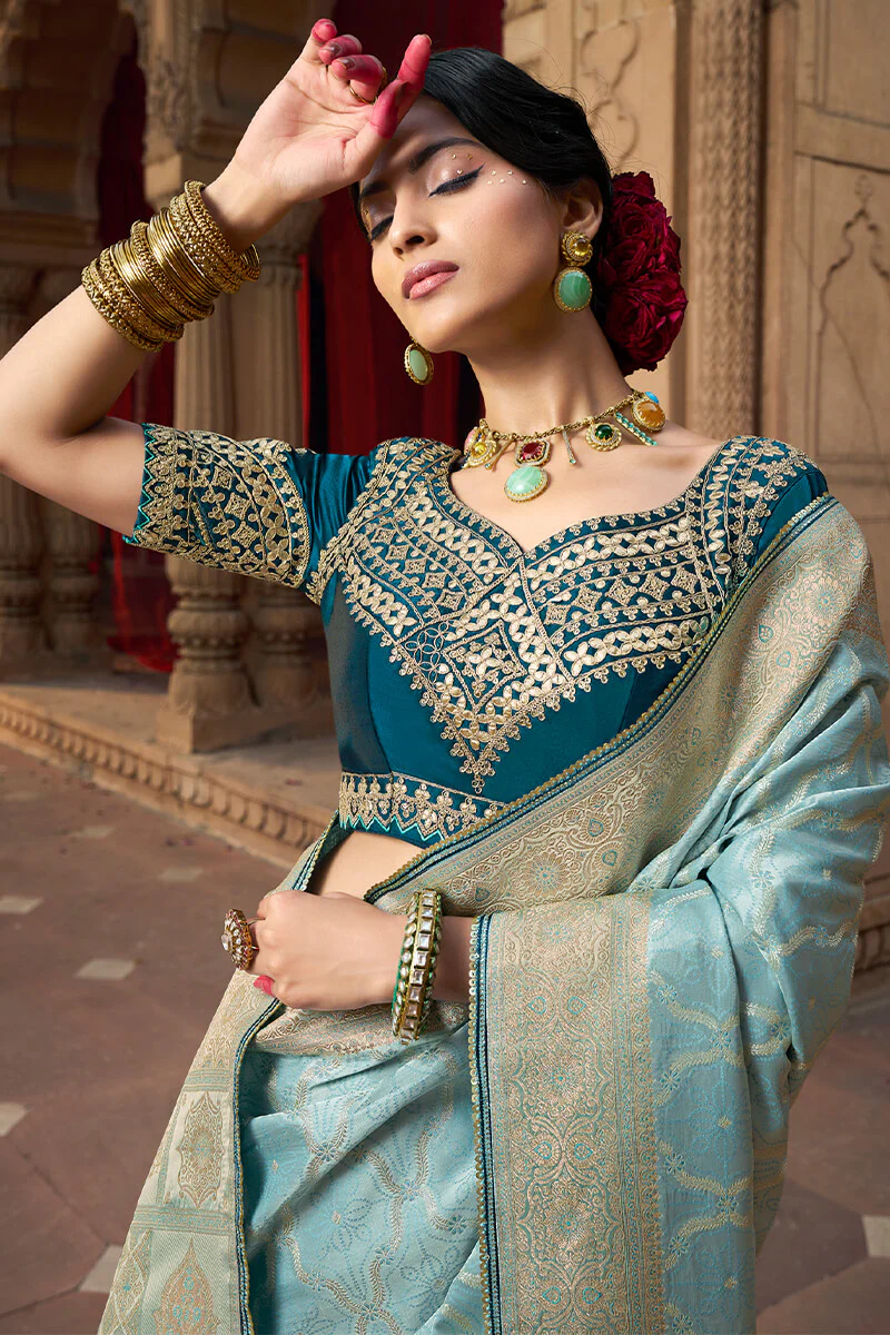 Stunning Sky Banarasi Satin Silk Saree With Energetic Blouse - Image 3