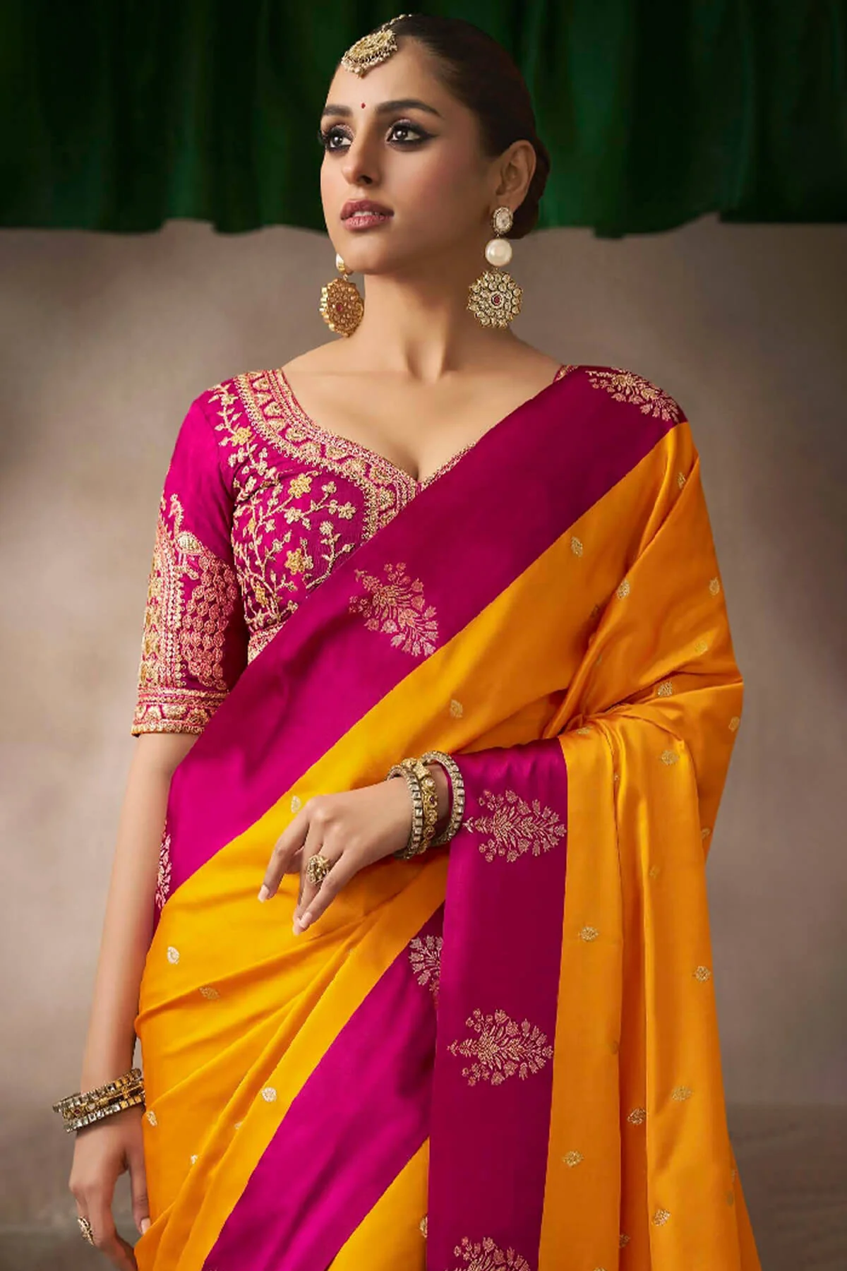 Stunning Yellow Banarasi Satin Silk Saree With Beguiling Blouse - Image 2