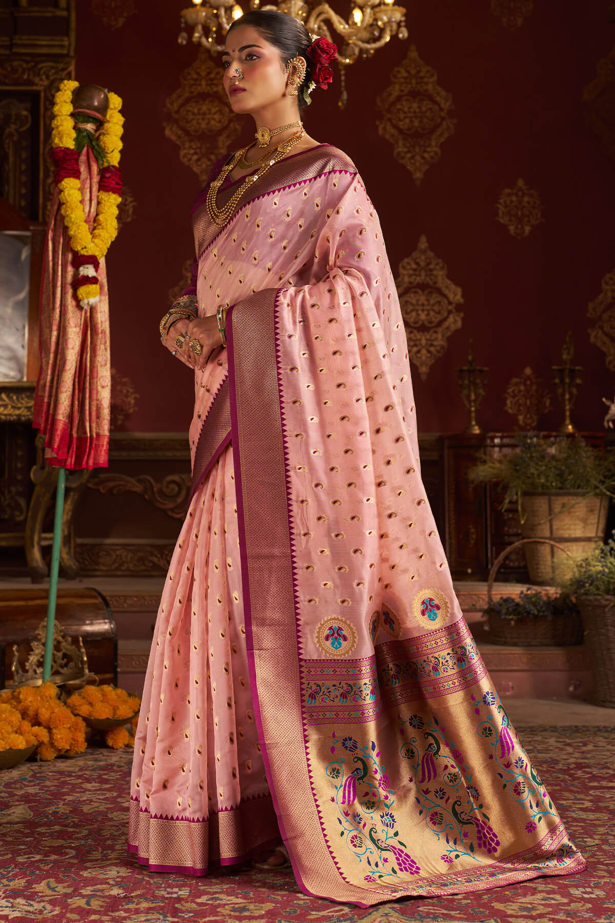 Stylish Baby Pink Organza Paithani Silk Saree With Piquant Blouse Piece - Image 5