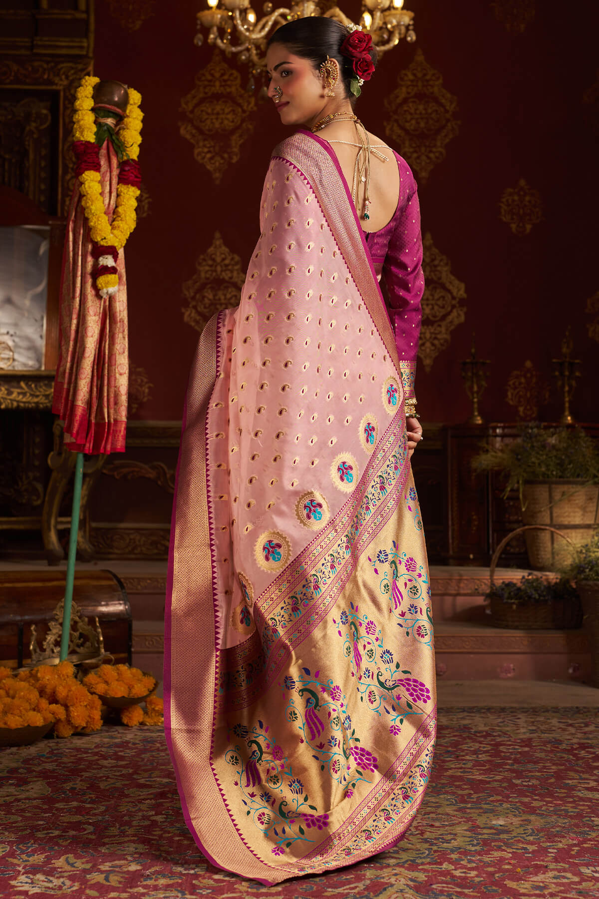 Stylish Baby Pink Organza Paithani Silk Saree With Piquant Blouse Piece - Image 6