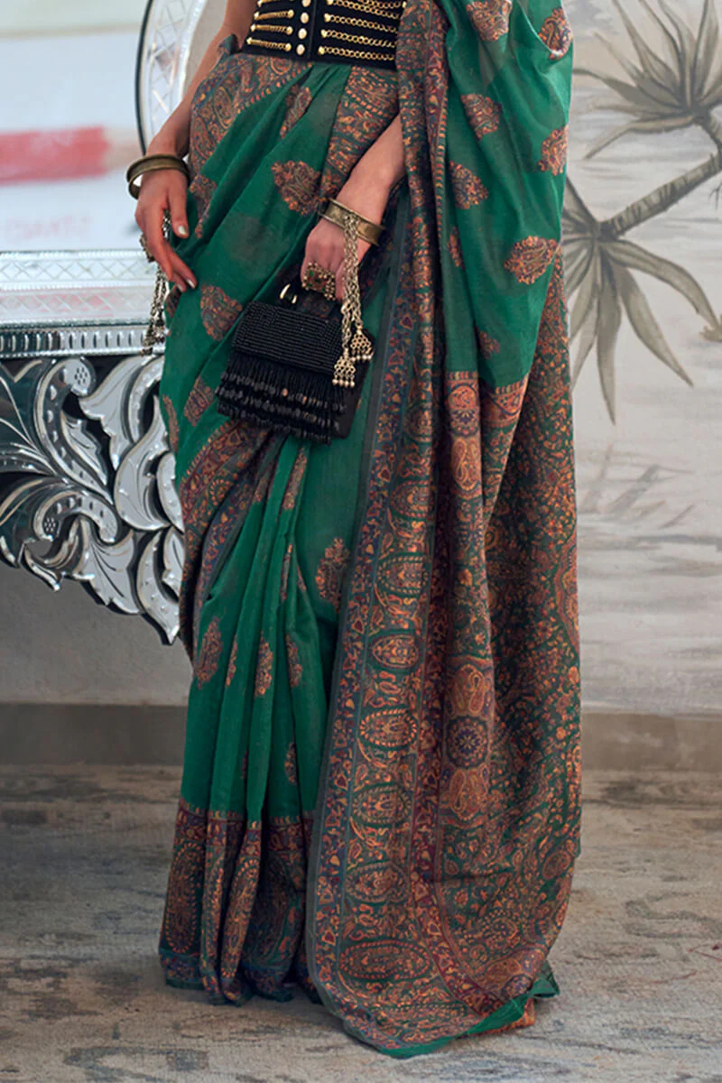 Stylish Dark Green Pashmina saree With Extraordinary Blouse Piece - Image 3