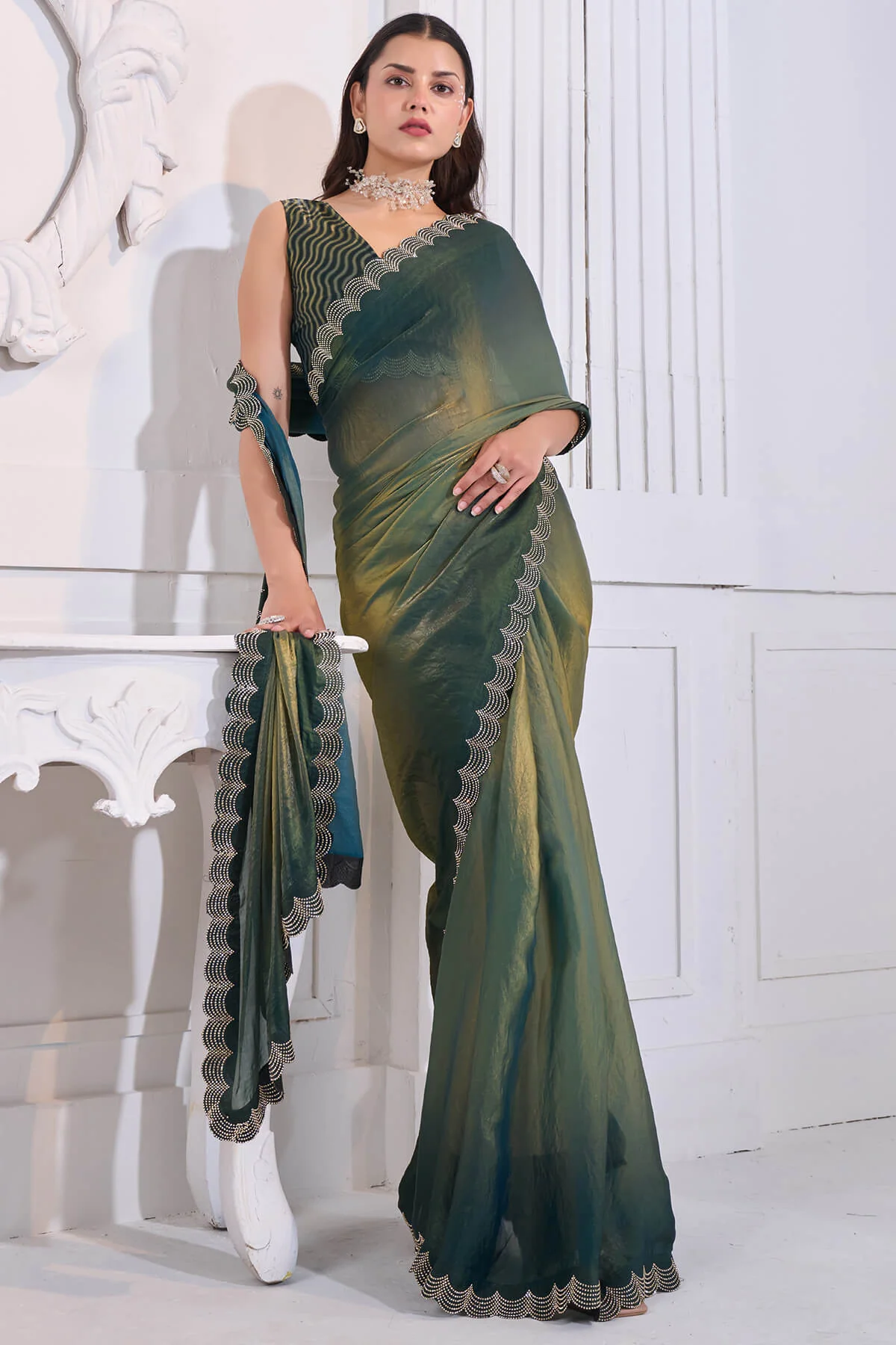 Stylish Green Jarkan Work Fandy Silk Saree - Image 4