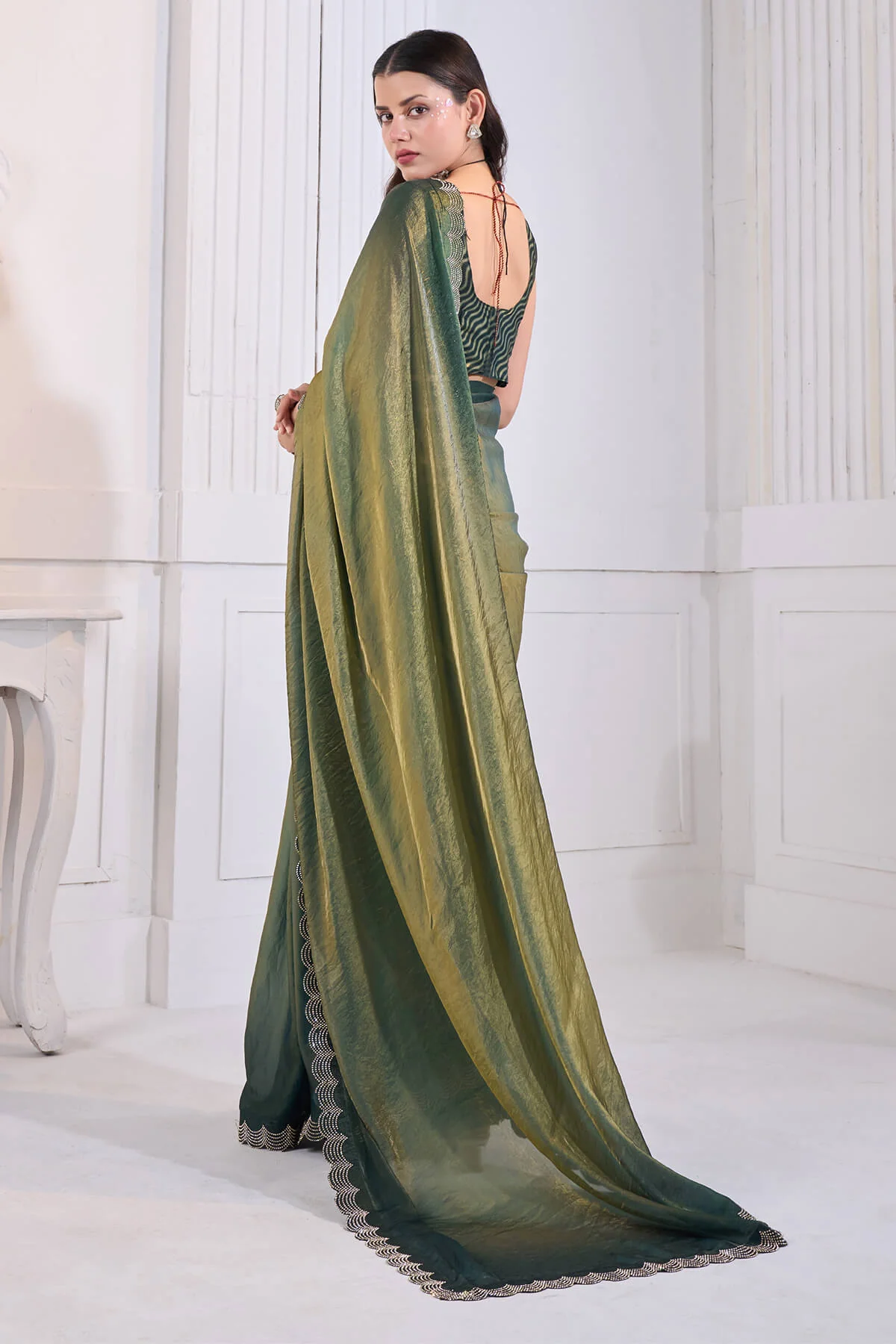 Stylish Green Jarkan Work Fandy Silk Saree - Image 6