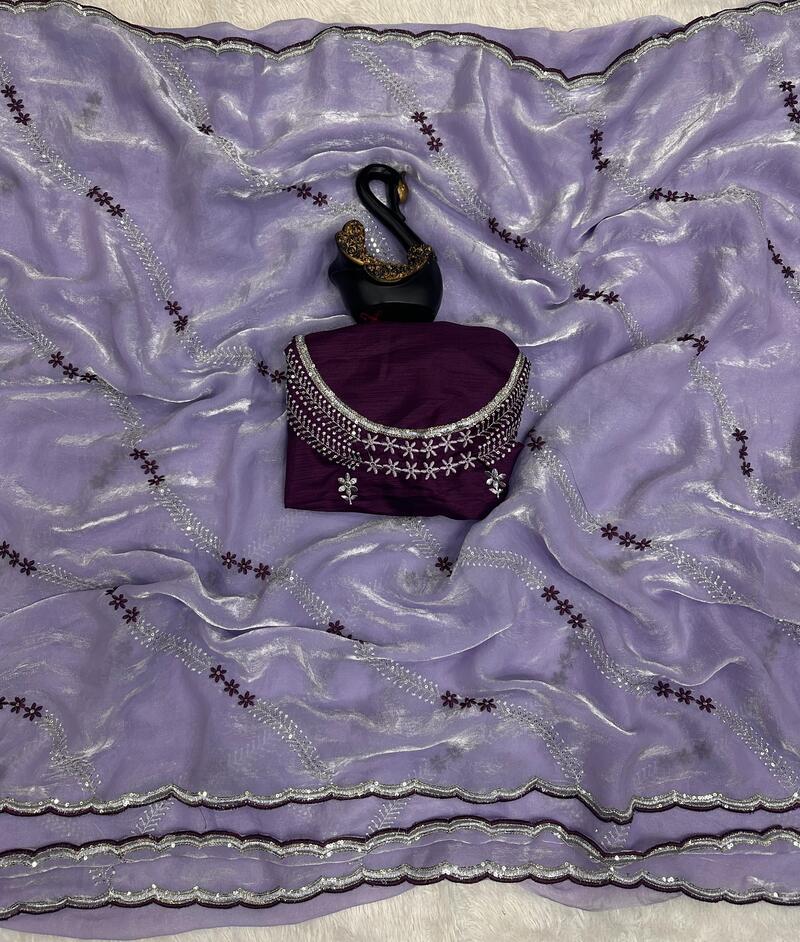 Stylish Lavender Sequence Work Fandy Silk Saree With Elegant Blouse Piece - Image 2