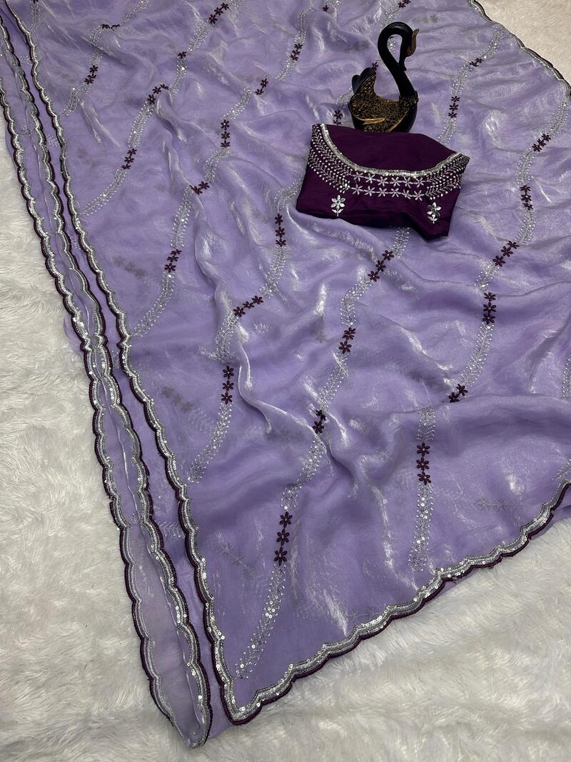 Stylish Lavender Sequence Work Fandy Silk Saree With Elegant Blouse Piece - Image 3