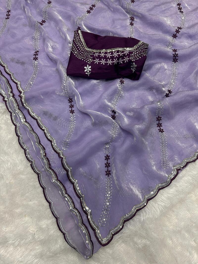 Stylish Lavender Sequence Work Fandy Silk Saree With Elegant Blouse Piece - Image 4