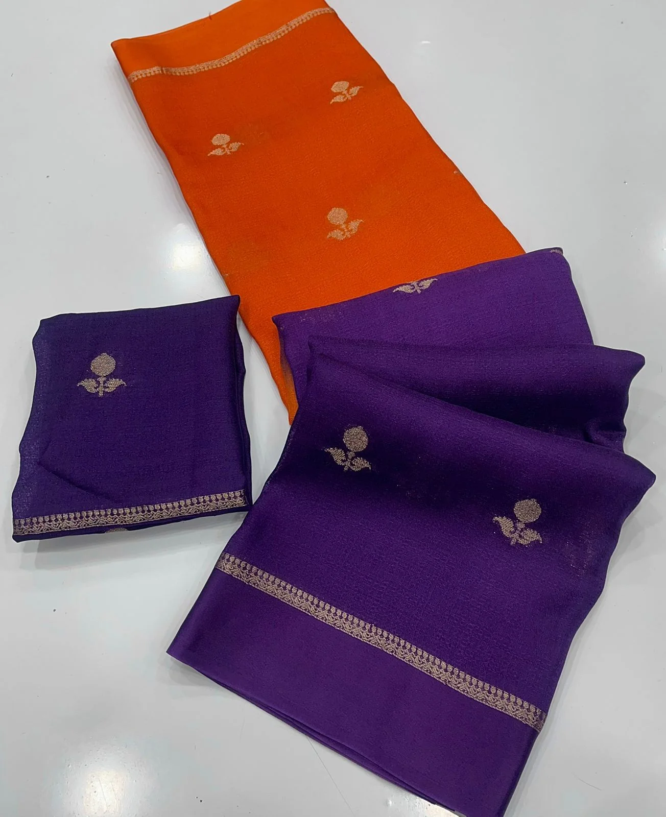 Stylish Orange and Purple Banarasi Khadi Silk Saree With Improbable Blouse Piece - Image 2