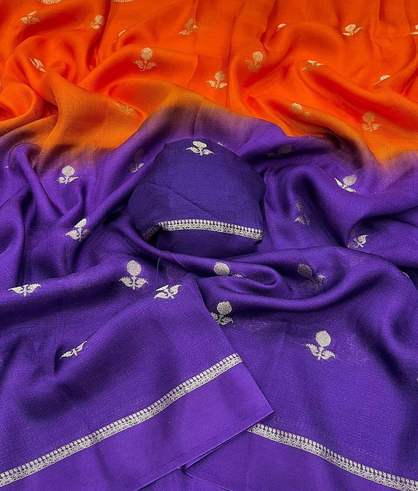 Stylish Orange and Purple Banarasi Khadi Silk Saree With Improbable Blouse Piece - Image 3