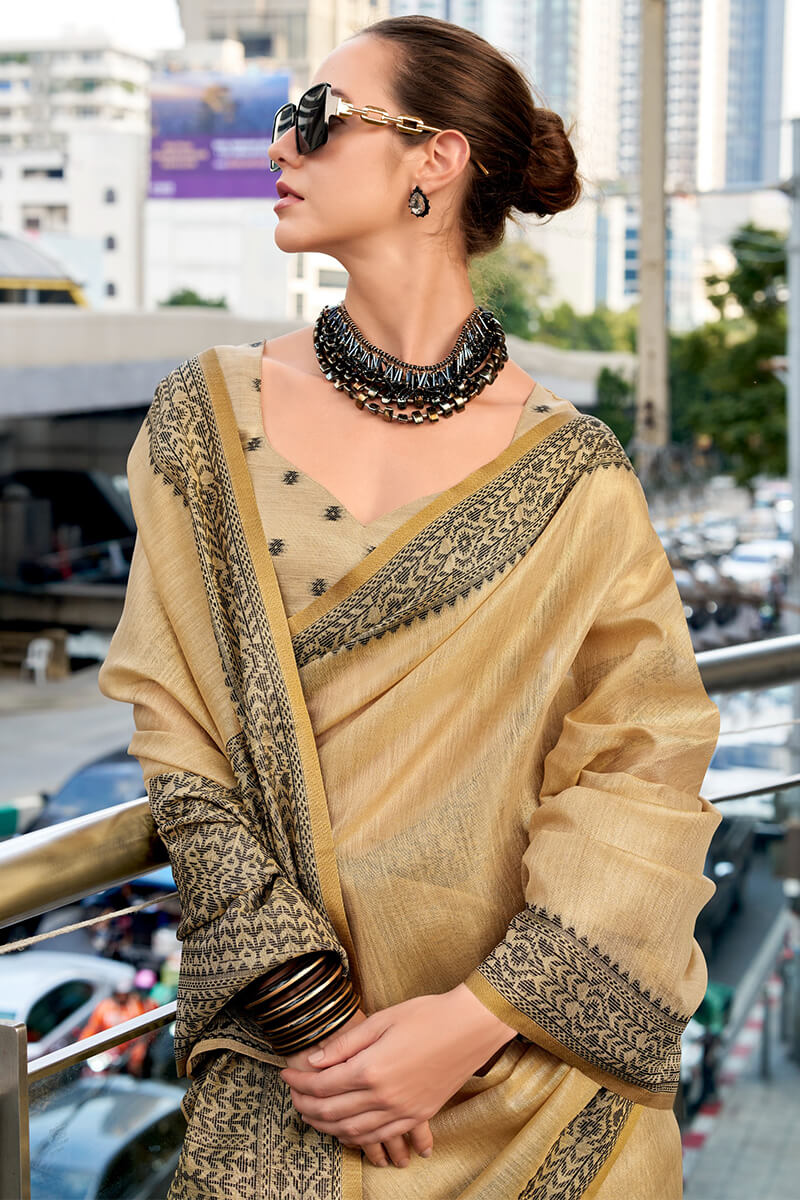 Sumptuous Beige Cotton Silk Saree With Ornate Blouse Piece - Image 2