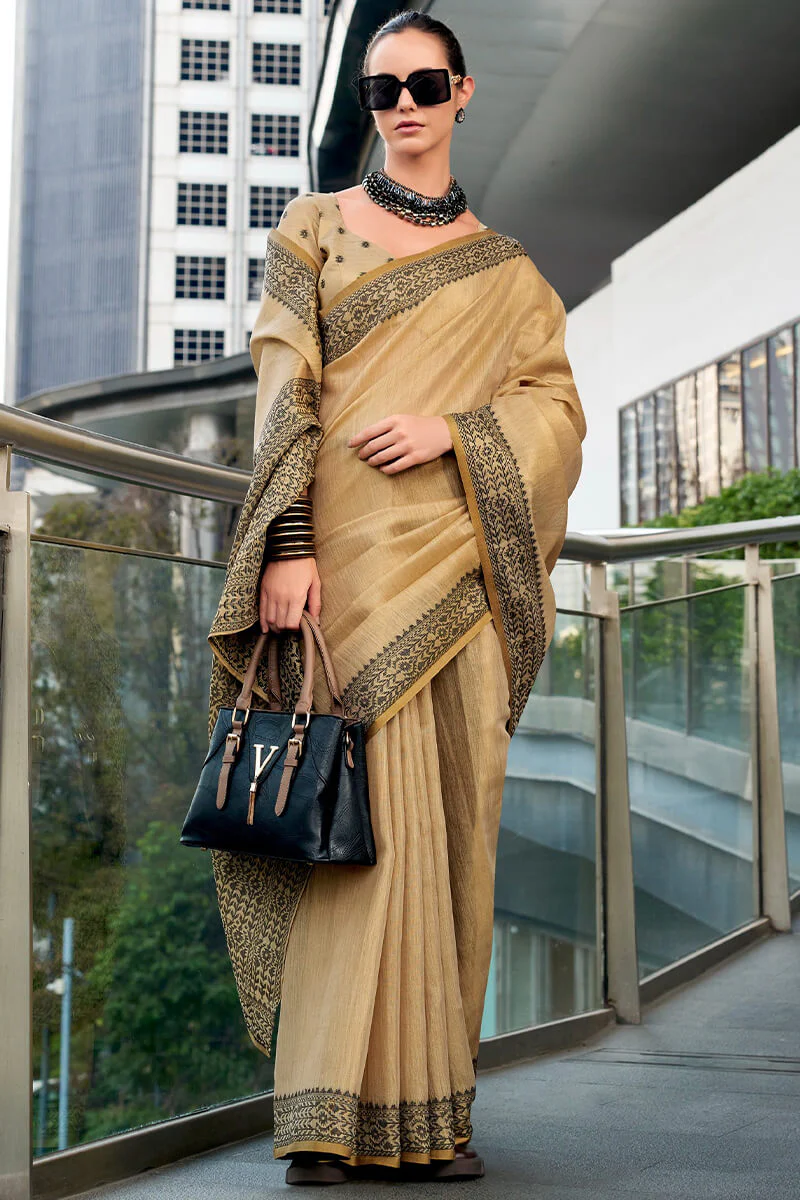 Sumptuous Beige Cotton Silk Saree With Ornate Blouse Piece - Image 3