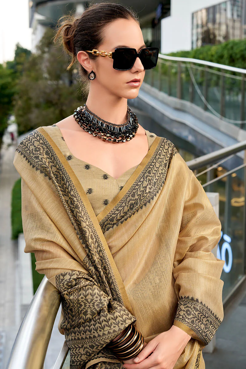 Sumptuous Beige Cotton Silk Saree With Ornate Blouse Piece - Image 4