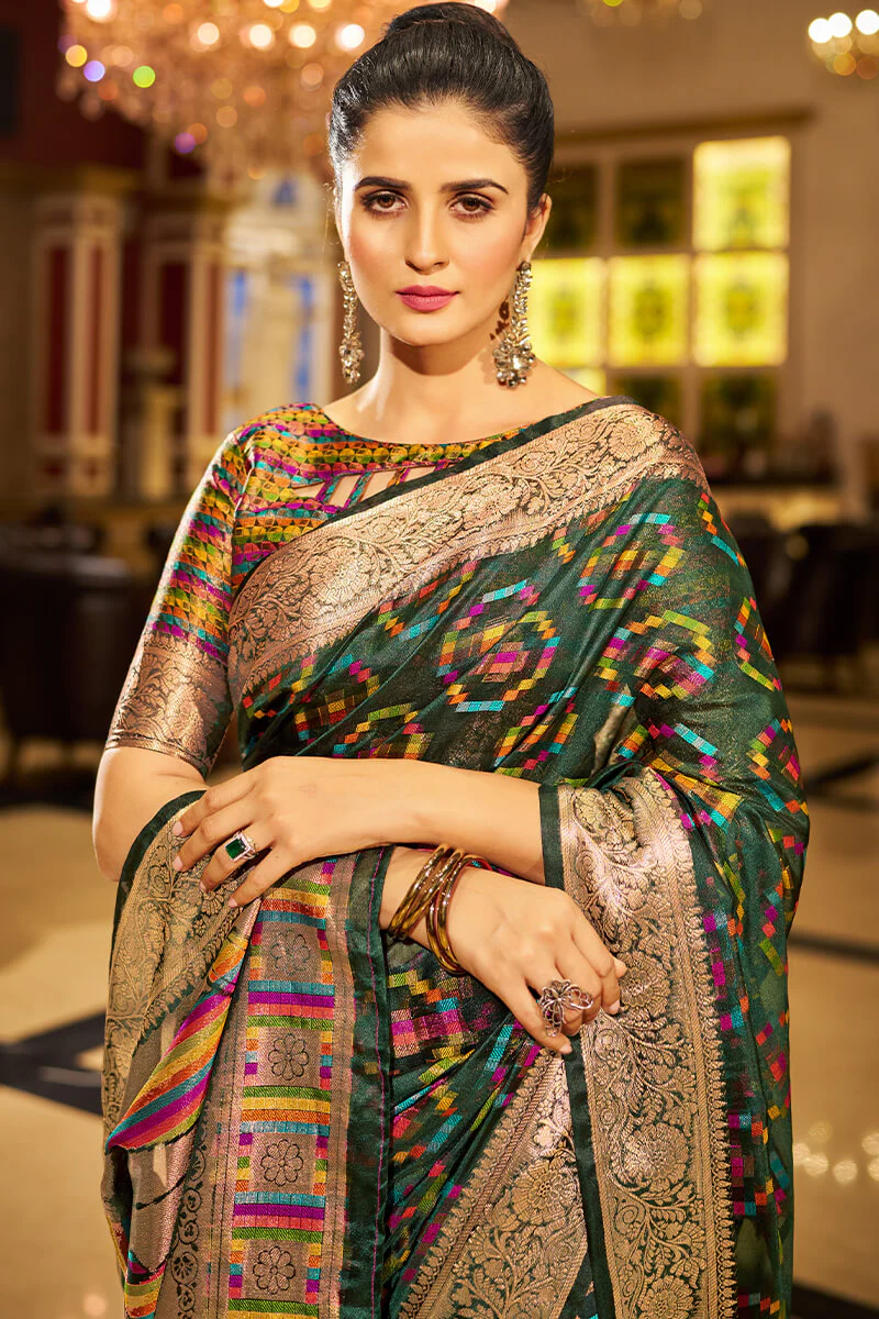 Sumptuous Dark Green Organza Silk Saree With Vestigial Blouse Piece - Image 2