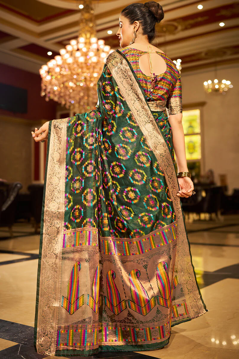 Sumptuous Dark Green Organza Silk Saree With Vestigial Blouse Piece - Image 4