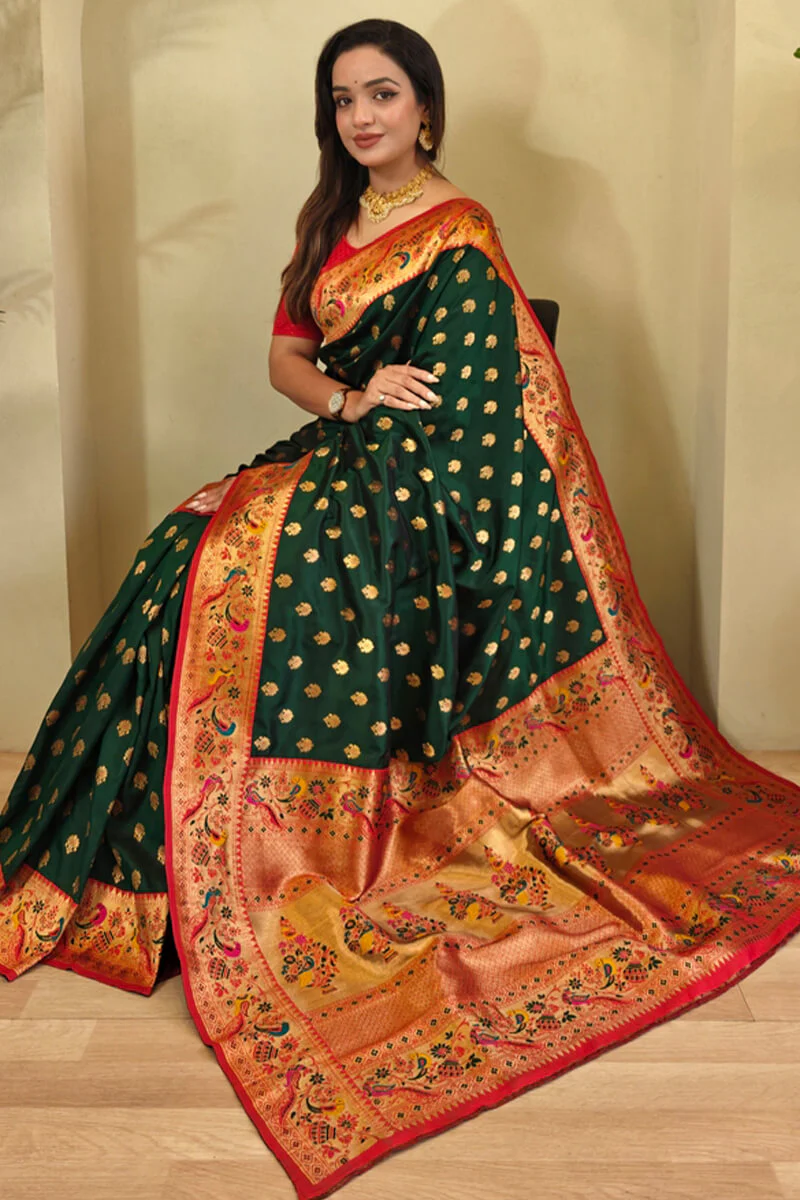 Sumptuous Dark Green Paithani Silk Saree With Inspiring Blouse Piece - Image 2