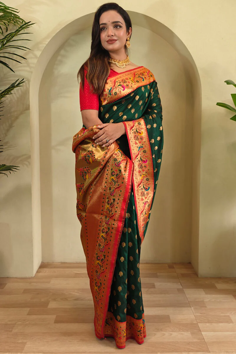 Sumptuous Dark Green Paithani Silk Saree With Inspiring Blouse Piece - Image 3