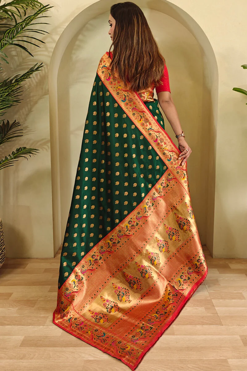 Sumptuous Dark Green Paithani Silk Saree With Inspiring Blouse Piece - Image 4