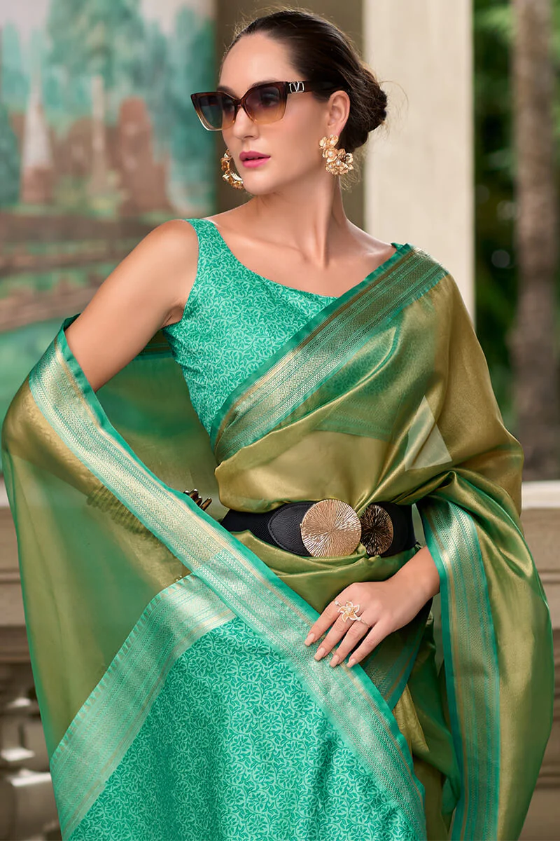 Sumptuous Green Soft Tissue Silk Saree With Gossamer Blouse Piece - Image 3