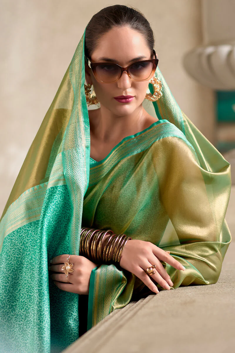 Sumptuous Green Soft Tissue Silk Saree With Gossamer Blouse Piece - Image 4