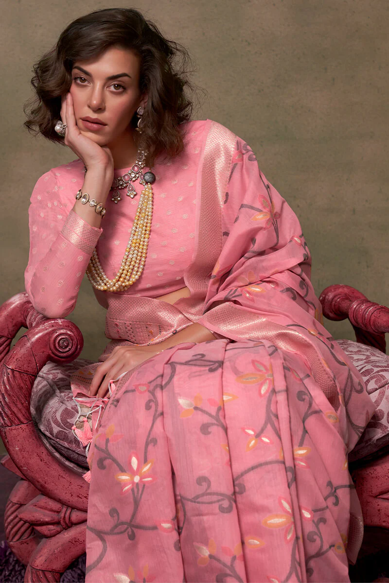 Sumptuous Pink Cotton Silk Saree With Nemesis Blouse Piece - Image 2