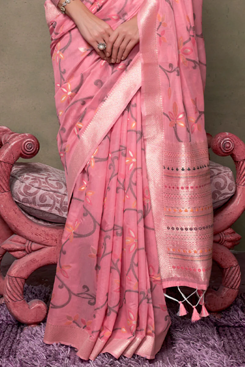 Sumptuous Pink Cotton Silk Saree With Nemesis Blouse Piece - Image 3