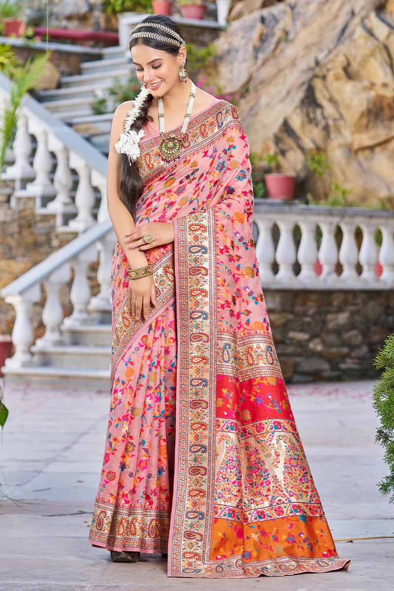 Sumptuous Pink Pashmina saree With Palimpsest Blouse Piece - Image 3