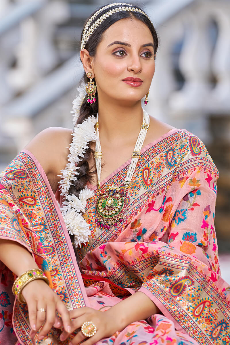 Sumptuous Pink Pashmina saree With Palimpsest Blouse Piece - Image 4