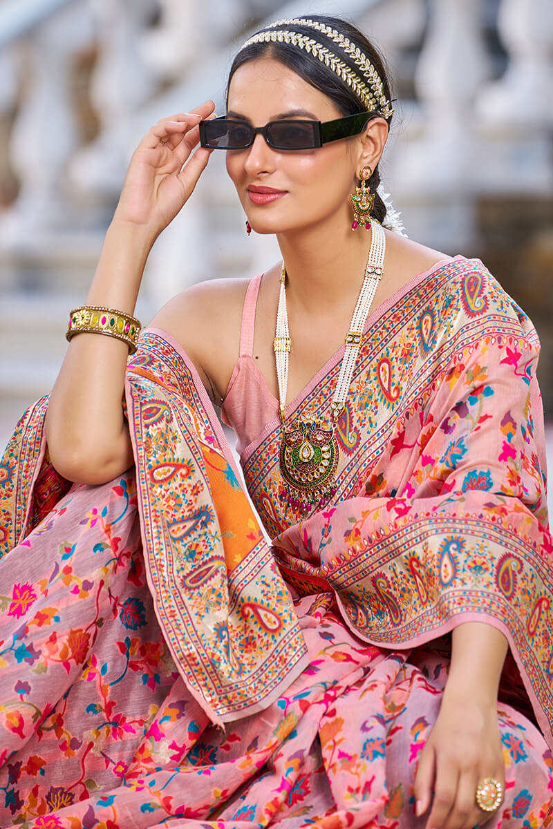 Sumptuous Pink Pashmina saree With Palimpsest Blouse Piece - Image 6